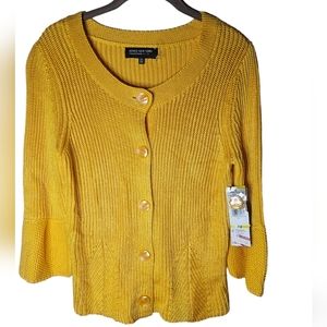 Jones New York gold knitted sweater/cardigan button down 3/4 sleeves size PM